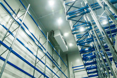 Inside view of industrial freezer with shelves